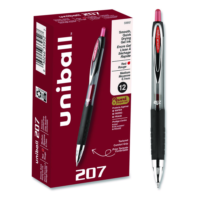 uniball Signo 207 Gel Pen, Retractable, Medium 0.7 mm, Red Ink, Smoke/Black/Red Barrel, Dozen (UBC33952)