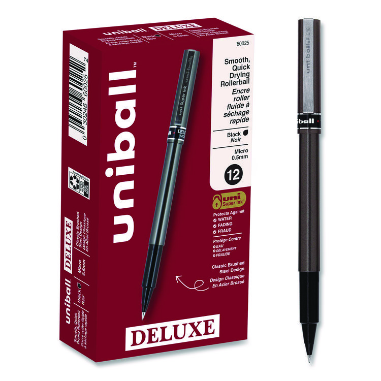 uniball Deluxe Rollerball Pen, Stick, Extra-Fine 0.5 mm, Black Ink, Metallic Gray/Black Barrel, Dozen (UBC60025)