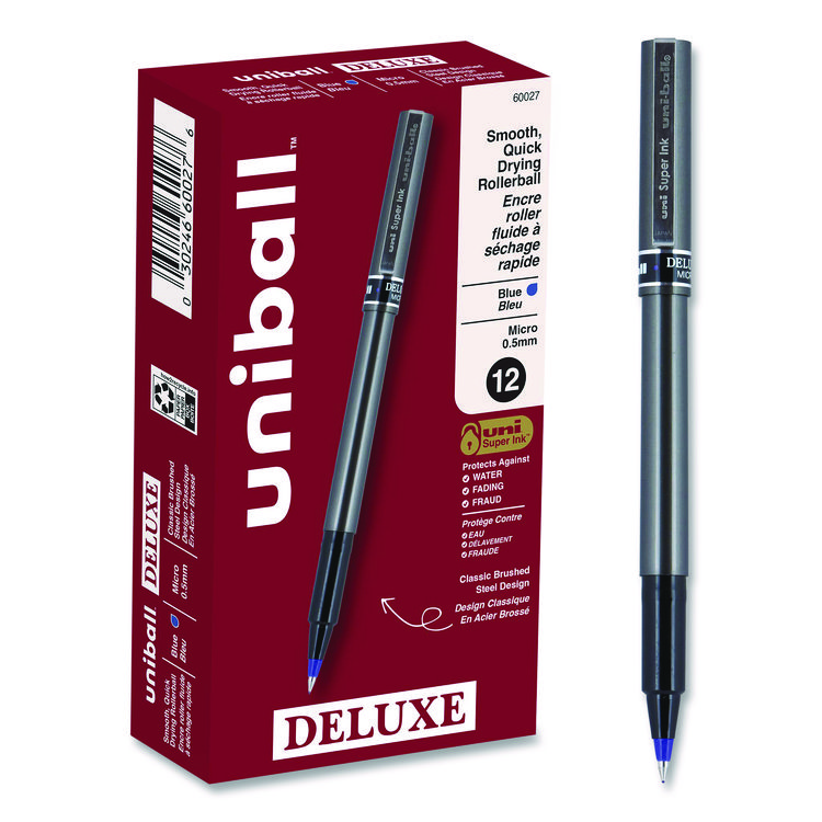 uniball Deluxe Rollerball Pen, Stick, Extra-Fine 0.5 mm, Blue Ink, Metallic Gray/Black/Blue Barrel, Dozen (UBC60027)