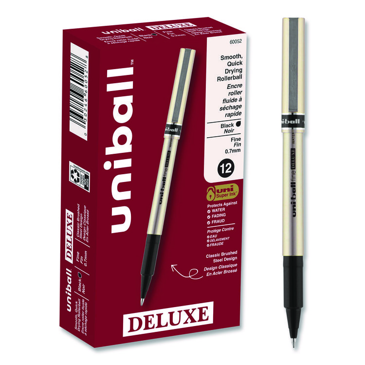 uniball Deluxe Rollerball Pen, Stick, Fine 0.7 mm, Black Ink, Champagne/Black Barrel, Dozen (UBC60052)