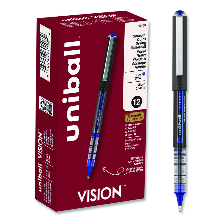 uniball VISION Rollerball Pen, Stick, Extra-Fine 0.5 mm, Blue Ink, Gray/Blue/Clear Barrel, Dozen (UBC60108)