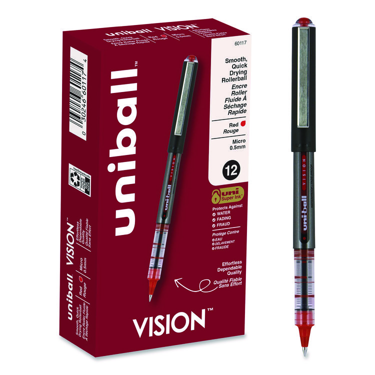 uniball VISION Rollerball Pen, Stick, Extra-Fine 0.5 mm, Red Ink, Gray/Red/Clear Barrel, Dozen (UBC60117)