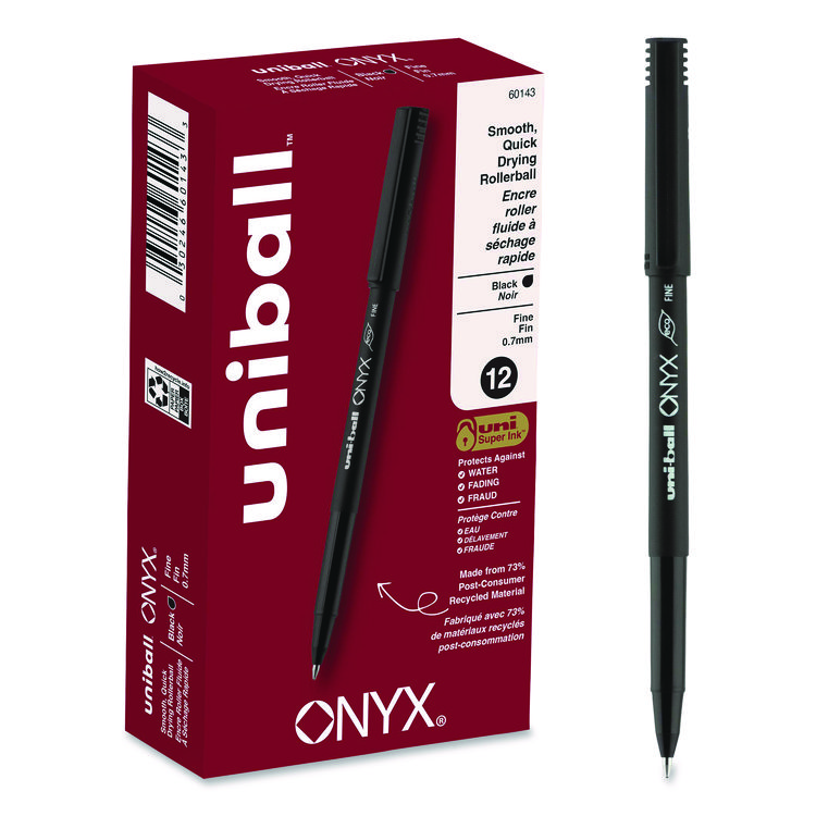 uniball ONYX Rollerball Pen, Stick, Fine 0.7 mm, Black Ink, Black Barrel, Dozen (UBC60143)