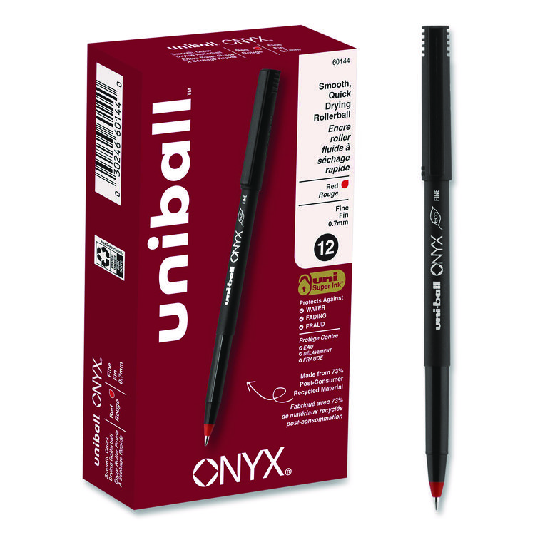 uniball ONYX Rollerball Pen, Stick, Fine 0.7 mm, Red Ink, Black/Red Barrel, Dozen (UBC60144)