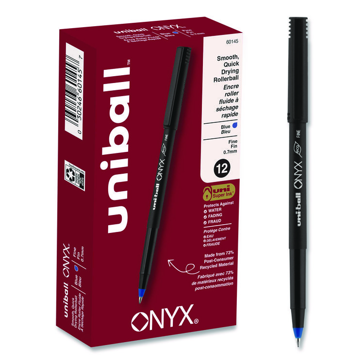 uniball ONYX Rollerball Pen, Stick, Fine 0.7 mm, Blue Ink, Black/Blue Barrel, Dozen (UBC60145)