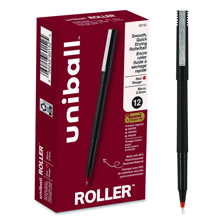 uniball Rollerball Pen, Stick, Extra-Fine 0.5 mm, Red Ink, Black/Red Barrel, Dozen (UBC60152)