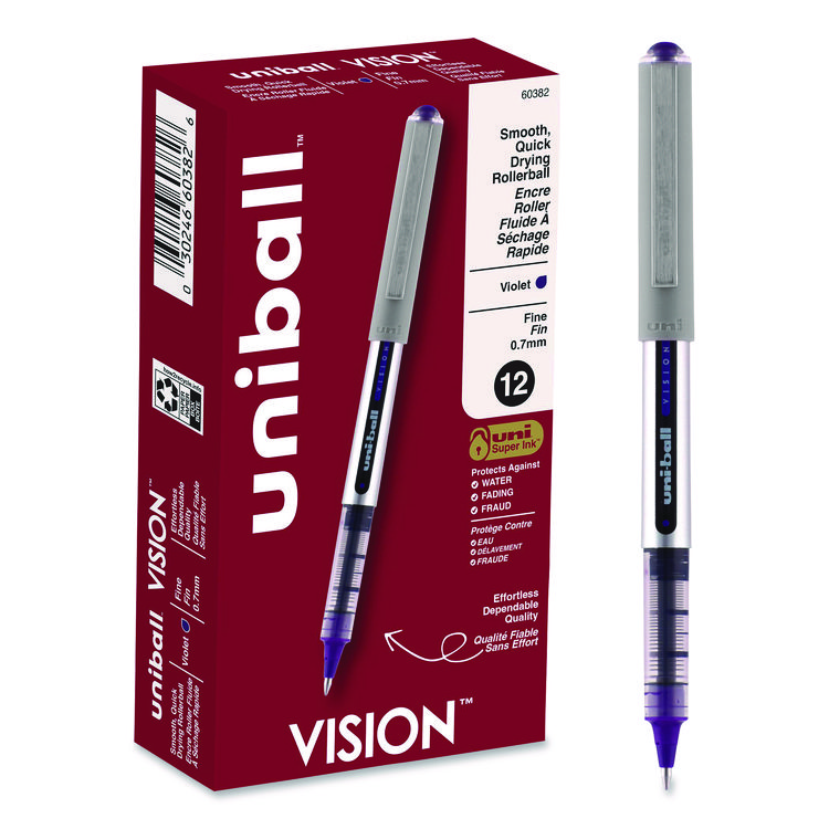 uniball VISION Rollerball Pen, Stick, Fine 0.7 mm, Violet Ink, Silver/Violet/Clear Barrel, Dozen (UBC60382)
