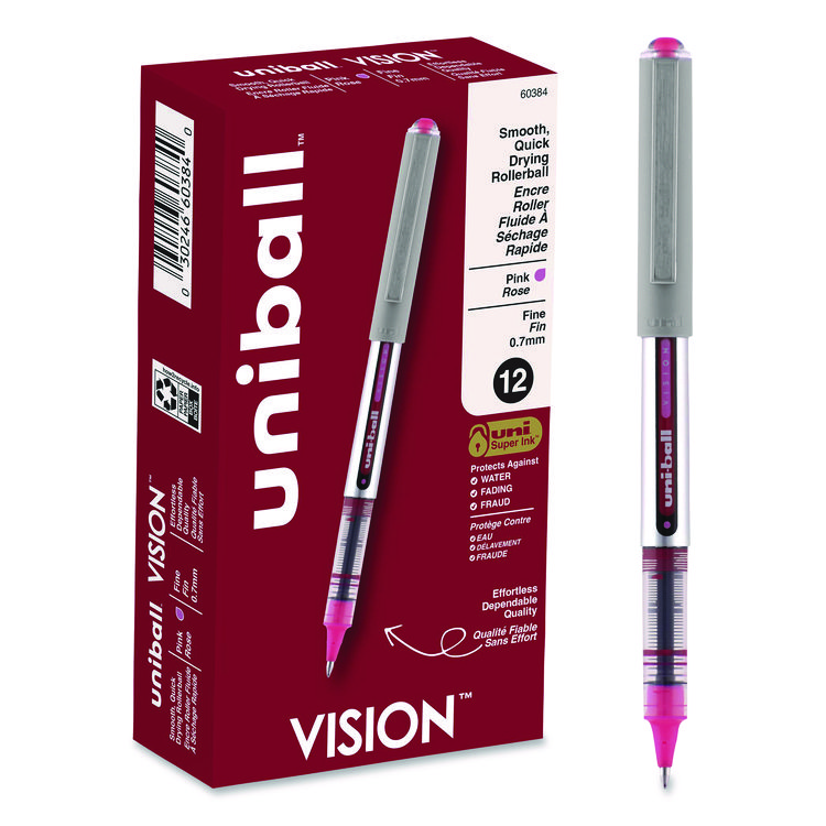 uniball VISION Rollerball Pen, Stick, Fine 0.7 mm, Pink Ink, Silver/Pink/Clear Barrel, Dozen (UBC60384)