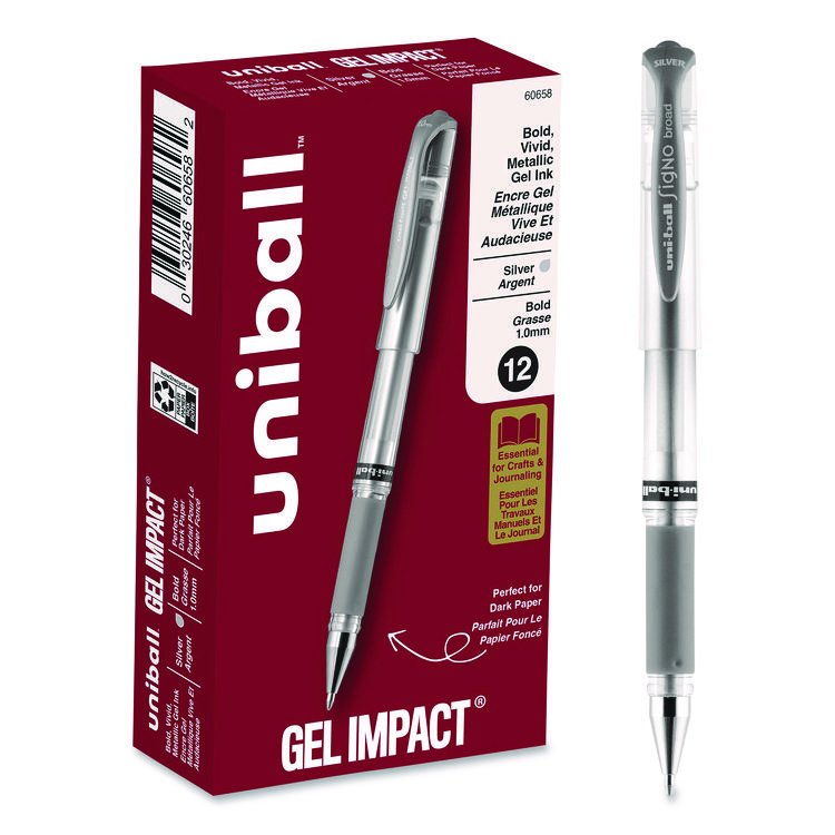 uniball IMPACT Gel Pen, Stick, Medium 1 mm, Silver Metallic Ink, Silver Barrel (UBC60658)