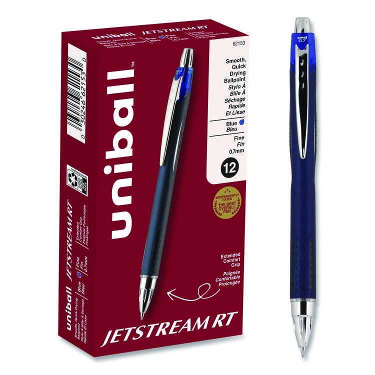uniball Jetstream Hybrid Gel Pen, Retractable, Fine 0.7 mm, Blue Ink, Blue/Silver Barrel (UBC62153)
