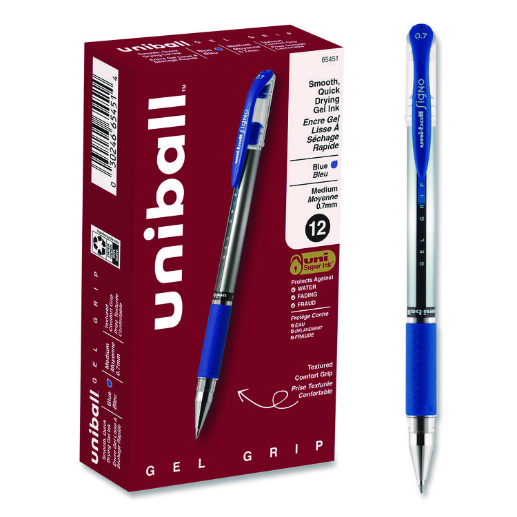 uniball Signo GRIP Gel Pen, Stick, Medium 0.7 mm, Blue Ink, Clear/Blue/Silver Barrel, Dozen (UBC65451)
