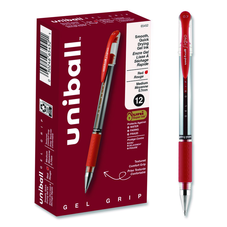 uniball Signo GRIP Gel Pen, Stick, Medium 0.7 mm, Red Ink, Clear/Red/Silver Barrel, Dozen (UBC65452)