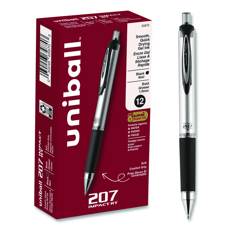 uniball 207 Impact Gel Pen, Retractable, Bold 1 mm, Black Ink, Black Barrel (UBC65870)