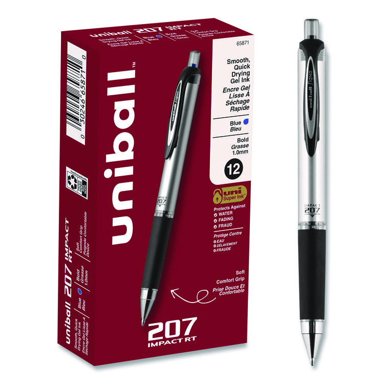 uniball 207 Impact Gel Pen, Retractable, Bold 1 mm, Blue Ink, Black/Blue Barrel (UBC65871)