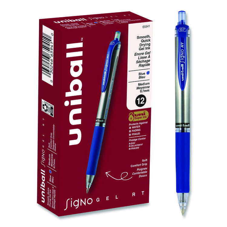 uniball Signo Gel Pen, Retractable, Medium 0.7 mm, Blue Ink, Silver/Blue Barrel, Dozen (UBC65941)