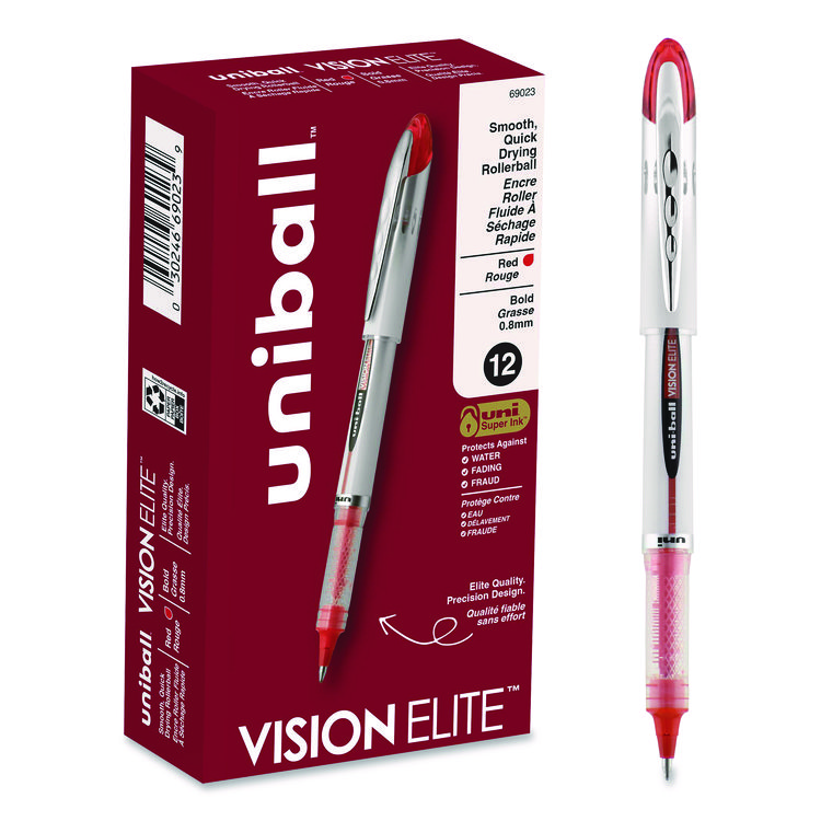 uniball VISION ELITE Hybrid Gel Pen, Stick, Bold 0.8 mm, Red Ink, White/Red/Clear Barrel (UBC69023)