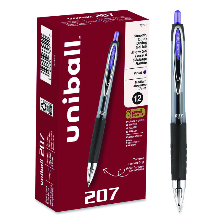 uniball Signo 207 Gel Pen, Retractable, Medium 0.7 mm, Violet Ink, Smoke/Black/Violet Barrel, Dozen (UBC70221)