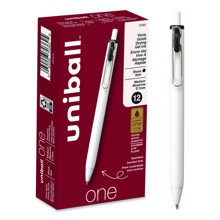 uniball uniONE Gel Pen, Retractable, Medium 0.7 mm, Black Ink, White/Black Barrel, Dozen (UBC70362)