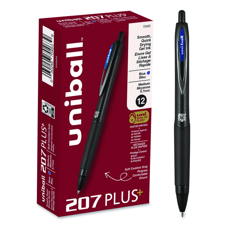 uniball 207 Plus+ Gel Pen, Retractable, Medium 0.7 mm, Blue Ink, Black Barrel, Dozen (UBC70463)