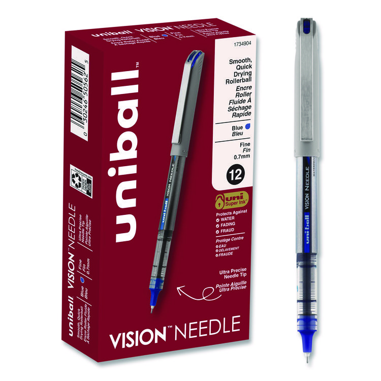 uniball VISION Needle Rollerball Pen, Stick, Fine 0.7 mm, Blue Ink, Gray/Clear/Blue Barrel, Dozen (UBC1734904)