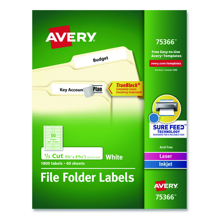 Avery Permanent TrueBlock File Folder Labels with Sure Feed Technology, 0.66 x 3.44, White, 30/Sheet, 60 Sheets/Box (AVE75366)