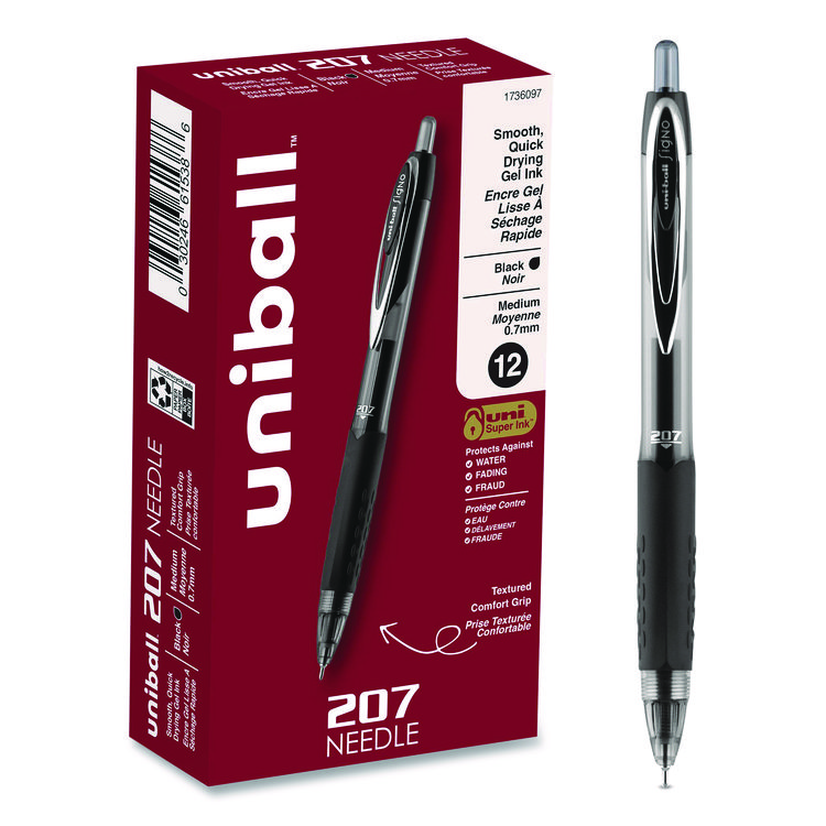 uniball Signo 207 Needle Point Gel Pen, Retractable, Medium 0.7 mm, Black Ink, Clear/Black Barrel, Dozen (UBC1736097)