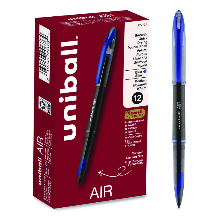 uniball AIR Porous Rollerball Pen, Stick, Medium 0.7 mm, Blue Ink, Black/Blue Barrel, Dozen (UBC1927701)