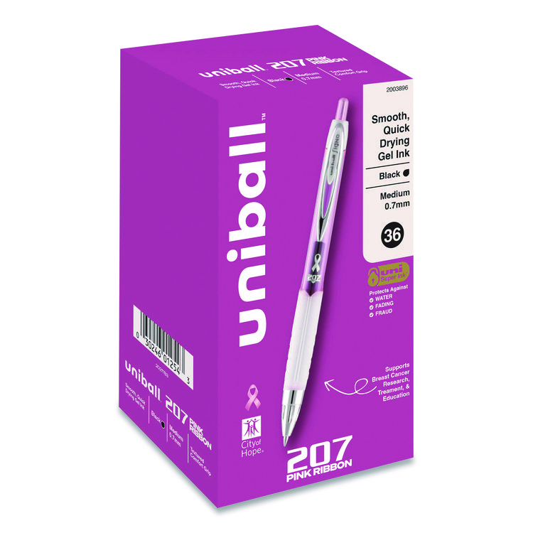 uniball 207 Breast Cancer Awareness Gel Pen Office Pack, Retractable, Medium 0.7mm, Black Ink, Translucent Pink/White Barrel, 36/Pack (UBC2003896)