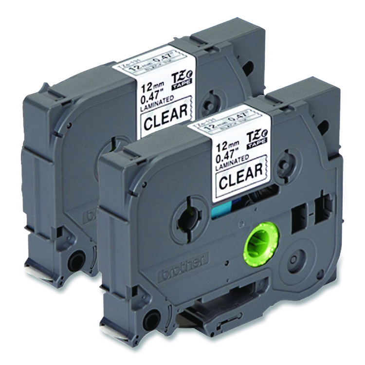 BROTHER INTL. CORP. TZe Standard Adhesive Laminated Labeling Tapes, 0.47" x 26.2 ft, Black on Clear, 2/Pack (BRTTZE1312PK)