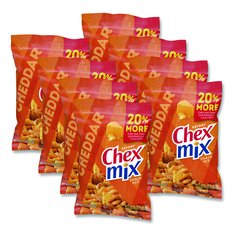 Chex Mix Snacks, Cheddar, 4.5 oz Bag, 8/Carton (OFXSN21553)