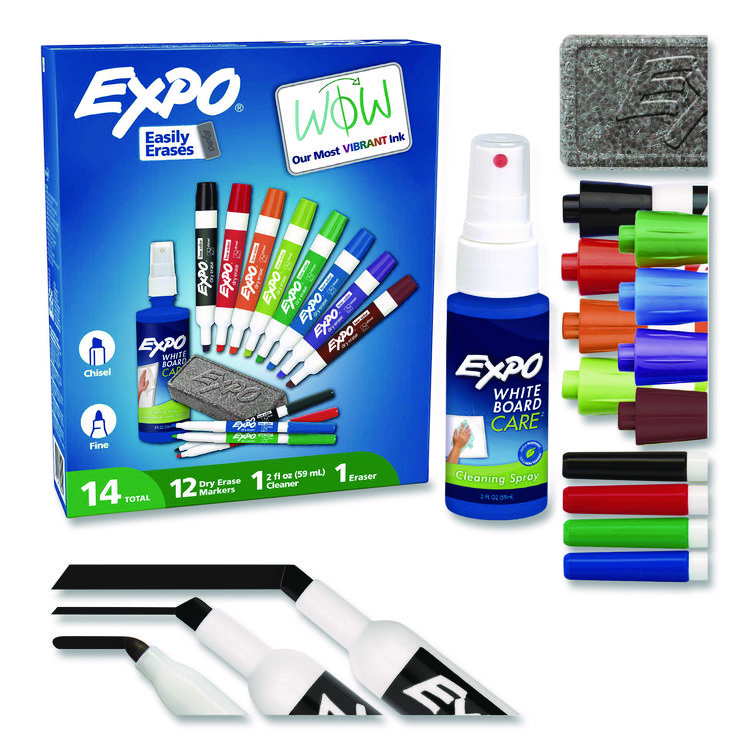 EXPO Low-Odor Dry Erase Marker, Eraser and Cleaner Kit, Medium Assorted Tips, Assorted Colors, 12/Set (SAN80054A)