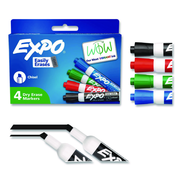 EXPO Low-Odor Dry-Erase Marker, Broad Chisel Tip, Assorted Colors, 4/Set (SAN80074A)