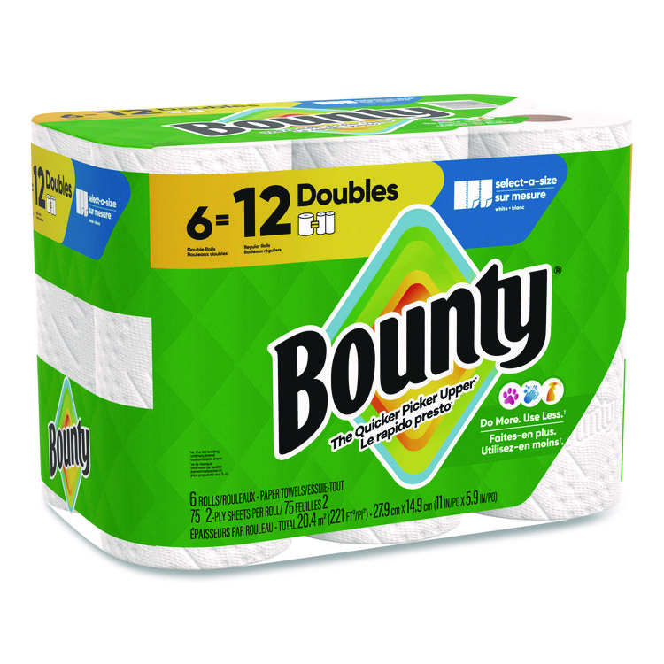 Bounty Select-a-Size Kitchen Roll Paper Towels, 2-Ply, White, 10.2 x 11, 75 Sheets/Roll, 6 Triple Rolls/Pack (PGC16008)