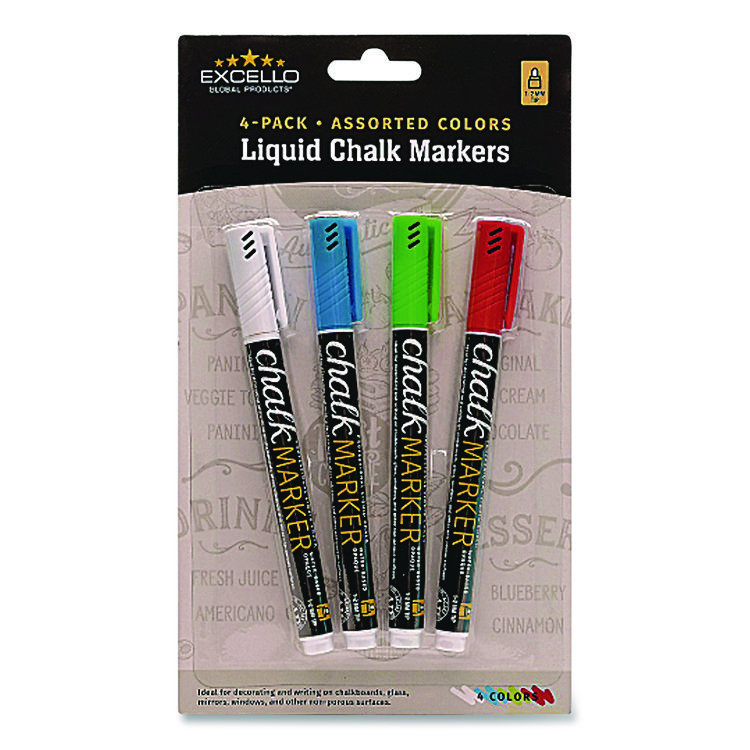 Excello Global Products Liquid Chalk Markers, Fine Bullet Tip, Assorted Colors, 4/Pack (EXOEGPHD0512S)
