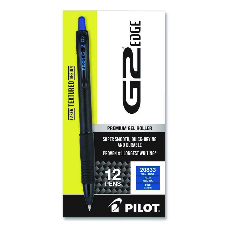 Pilot G2 Edge Premium Gel Roller Pen, Retractable, Fine 0.7 mm, Blue Ink, Black/Blue Barrel, Dozen (PIL20833)