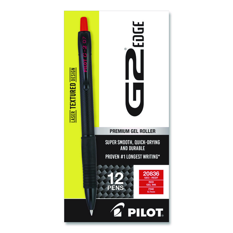 Pilot G2 Edge Premium Gel Roller Pen, Retractable, Fine 0.7 mm, Red Ink, Black/Red Barrel, Dozen (PIL20836)