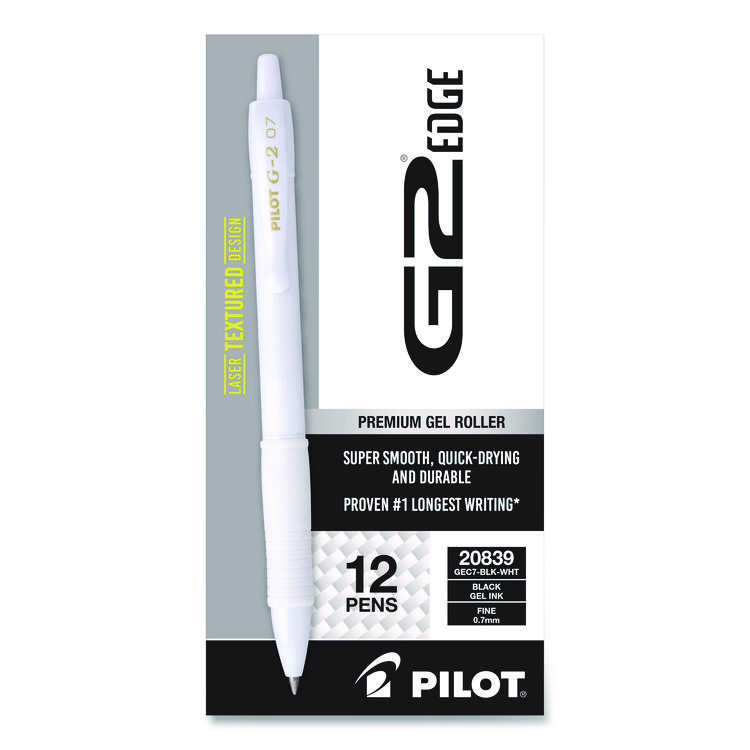 Pilot G2 Edge Premium Gel Roller Pen, Retractable, Fine 0.7 mm, Black Ink, White Barrel, Dozen (PIL20839)
