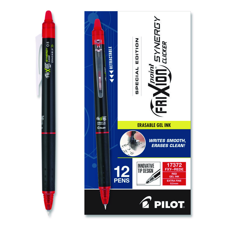 Pilot Frixion Synergy Clicker Erasable Gel Pen, Retractable, Extra Fine 0.5 mm, Red Ink, Black/Red Barrel, Dozen (PIL17372)