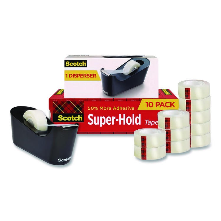 Scotch Super-Hold Tape with Dispenser, 1" Core, 0.75" x 27.77 yds, Clear, 10 Rolls and 1 Dispenser/Pack (MMM700K10C18BLK)
