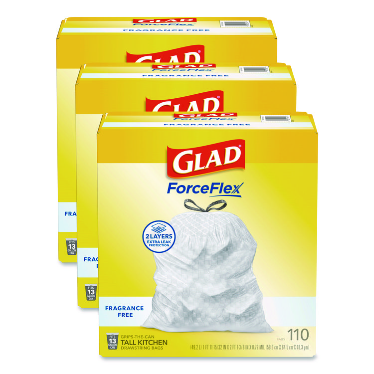 Glad ForceFlex Kitchen Drawstring Trash Bags, Drawstring, 13 gal, Unscented, 23.47 x 25.38, White, 110 Bags/Box, 3 Boxes/Carton (CLO22541CT)