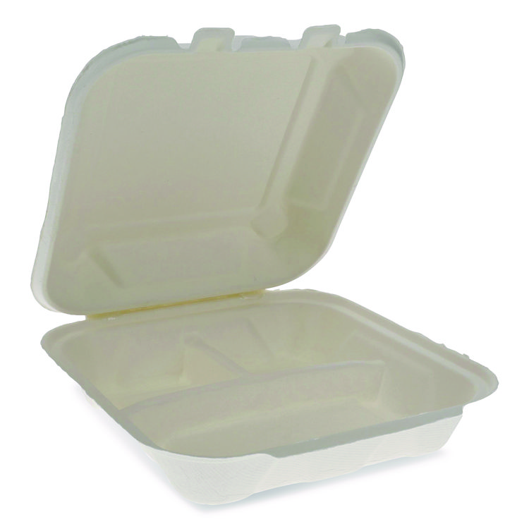 Pactiv Evergreen EarthChoice Bagasse Hinged Lid Container, 7.8 x 7.8 x 2.8, White, 150/Carton (PCTYMCH0803BB)