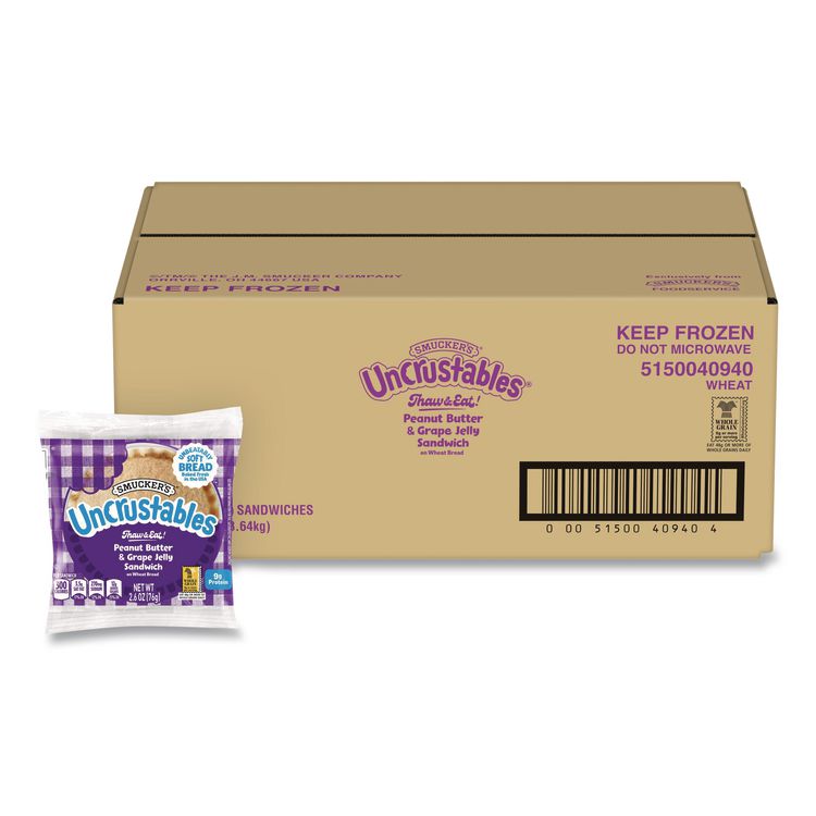Smucker's UNCRUSTABLES Peanut Butter and Grape Jelly on Wheat Bread, 2.6 oz Bag, 48/Carton (GRR22002219)
