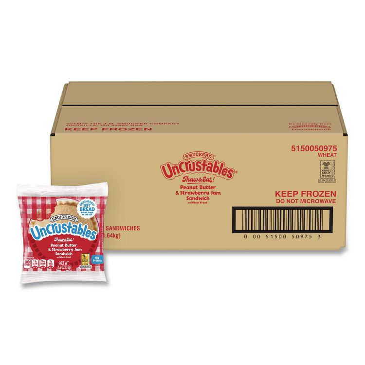 Smucker's UNCRUSTABLES Peanut Butter and Strawberry Jam on Wheat Bread, 2.6 oz Bag, 48/Carton (GRR22002220)