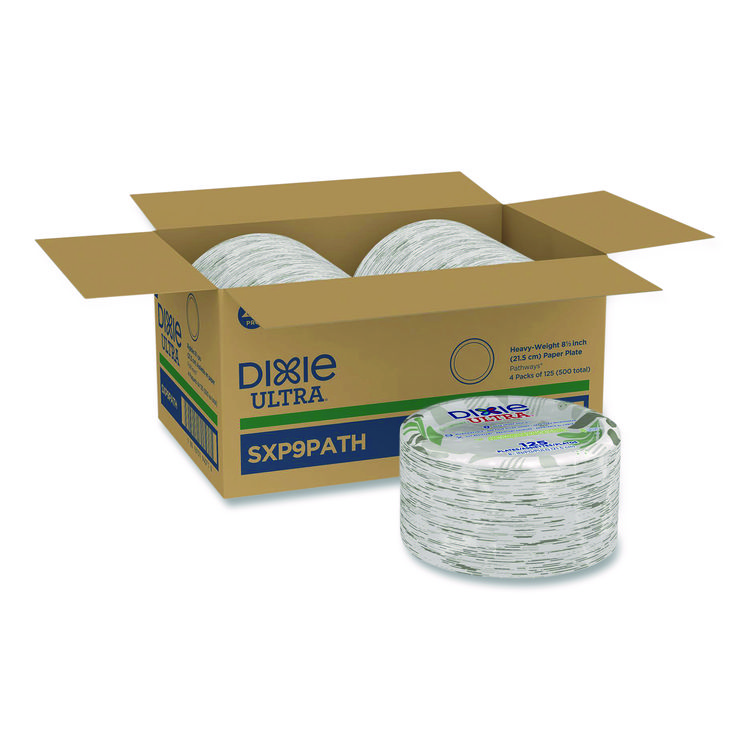 Dixie Pathways Soak Proof Shield Heavyweight Paper Plates, WiseSize, 8.5" dia, Green/Burgundy, 500/Carton (DXESXP9PATH)