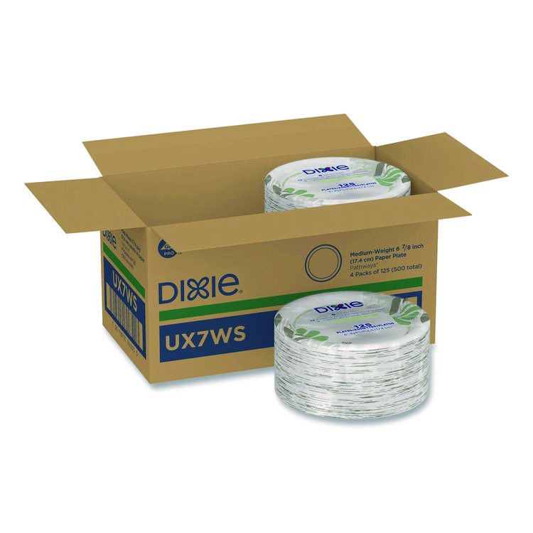 Dixie Pathways Soak-Proof Shield Mediumweight Paper Plates, WiseSize, 6.87" dia, Green/Burgundy, 125/Pack (DXEUX7WSPK)