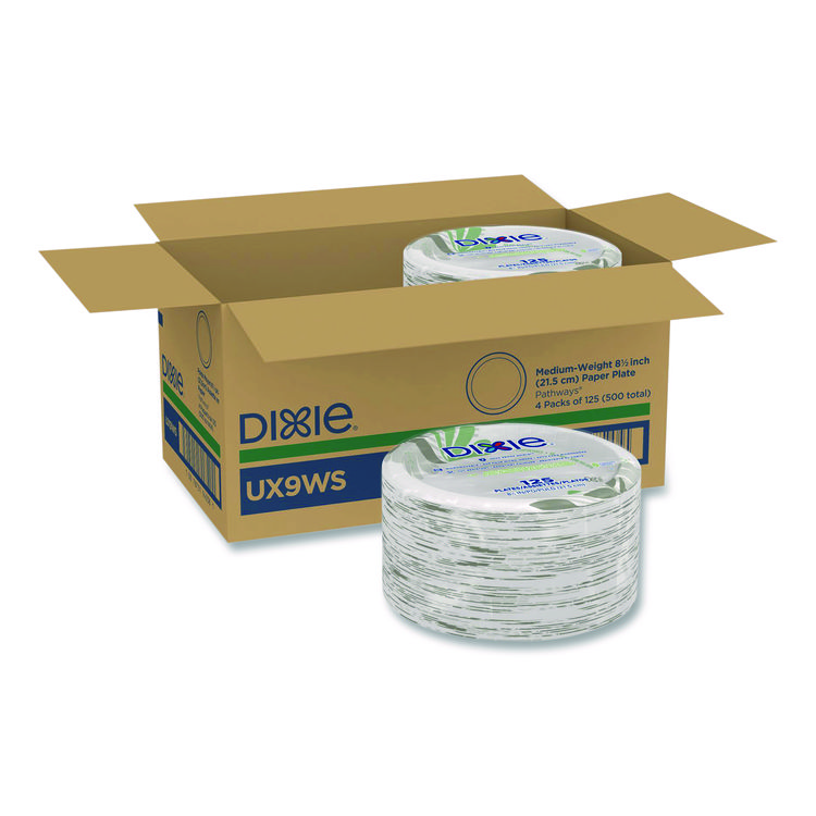 Dixie Pathways Soak-Proof Shield Mediumweight Paper Plates, WiseSize, 8.5" dia, Green/Burgundy, 125/Pack, 4 Packs/Carton (DXEUX9WS)