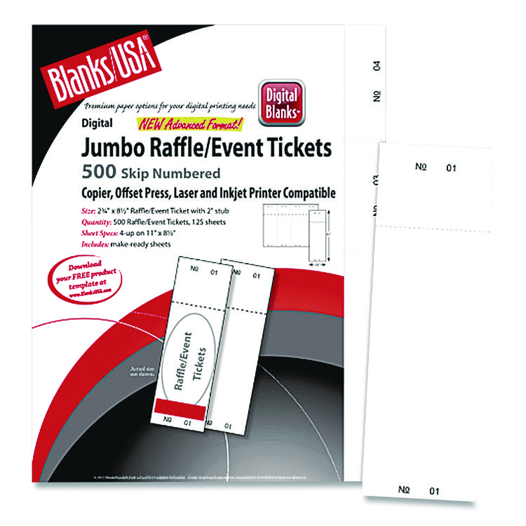 Blanks/USA Jumbo Micro-Perforated Event/Raffle Ticket, 90 lb Index Weight, 8.5 x 11, White, 4 Tickets/Sheet, 250 Sheets/Pack (BLA10X9WH)
