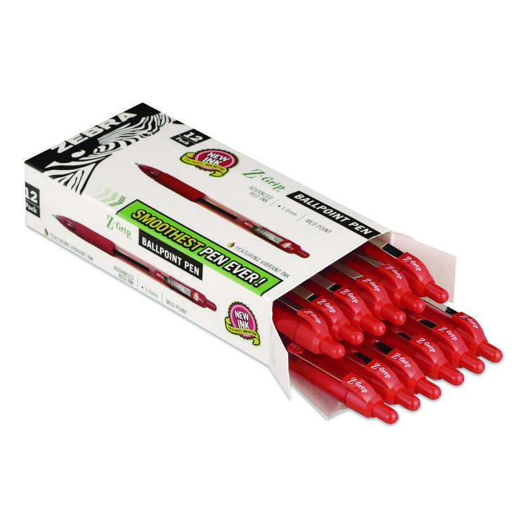 Zebra Z-Grip Ballpoint Pen, Retractable, Medium 1 mm, Red Ink, Red/Clear Barrel, Dozen (ZEB22230)