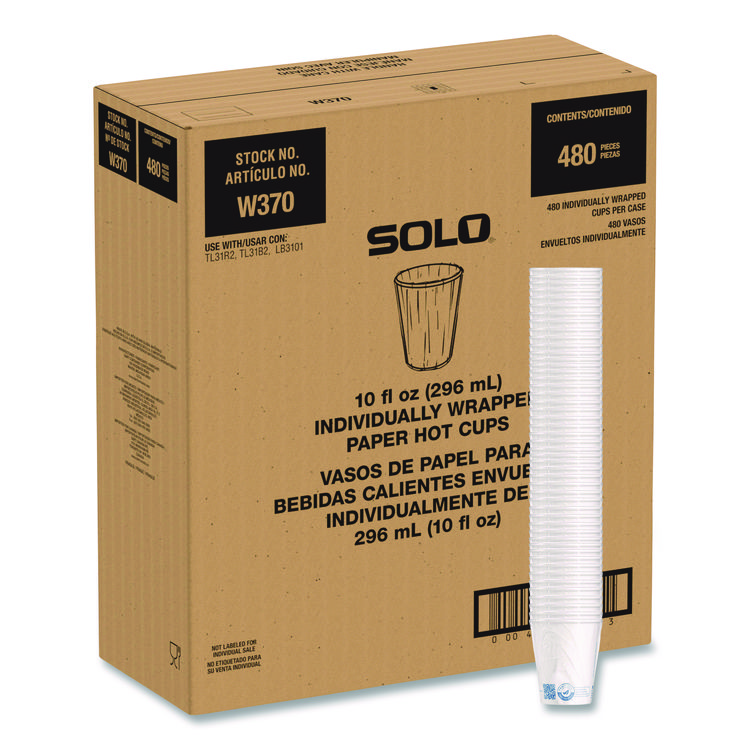 SOLO Recycled Content PCF Paper Hot Cups, 10 oz, ProPlanet Seal, White/Blue, 480/Carton (SCCW370RCPLANET)