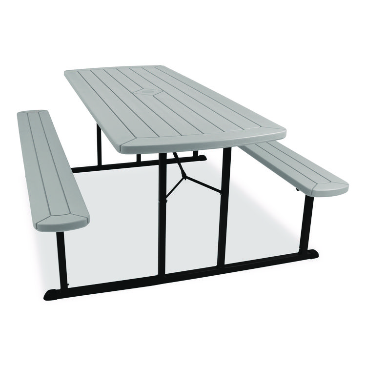 NPS Blow Molded Folding Picnic Table, Rectangular, 57w x 72d x 29.5h, Speckled Gray Top, Black Base/Legs (NPSBMPT3072BK02)